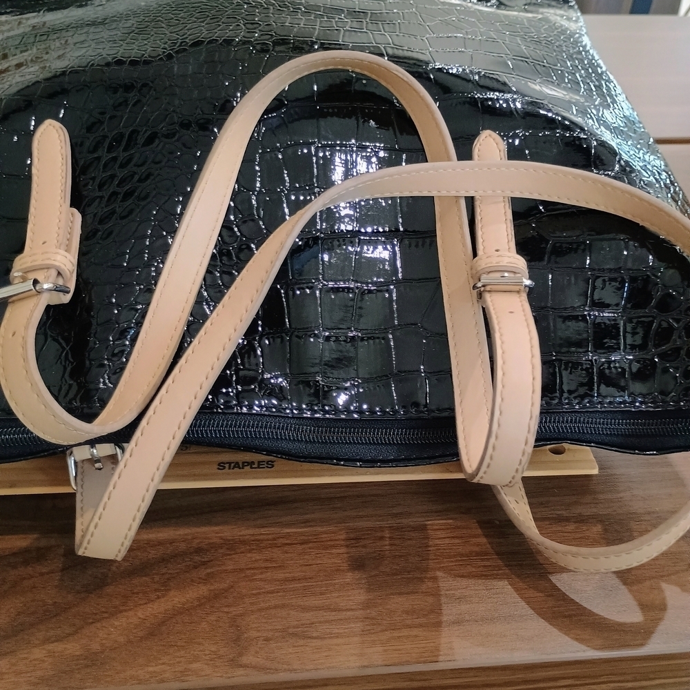 Attention Black Croc-Embossed Tote with Cream Straps - Picture 3 of 7